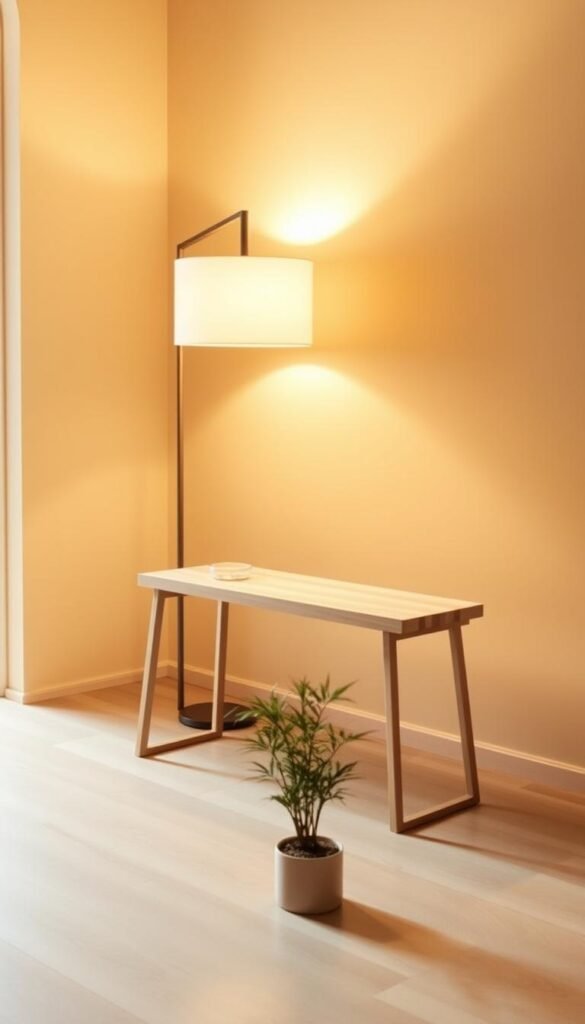 A minimalist entryway table with a sleek, modern design, set against a warm, inviting background. The table features a slim, rectangular top made of light-colored wood, resting on simple, minimalist legs. Soft, indirect lighting from a nearby floor lamp casts a gentle glow, creating a cozy, welcoming atmosphere. In the foreground, a potted plant or a small decorative object adds a touch of natural, organic elegance. The background is a neutral, earthy-toned wall, providing a clean, uncluttered backdrop that allows the table to be the focal point. The overall scene conveys a sense of understated sophistication and functionality, perfectly suited for a small space.