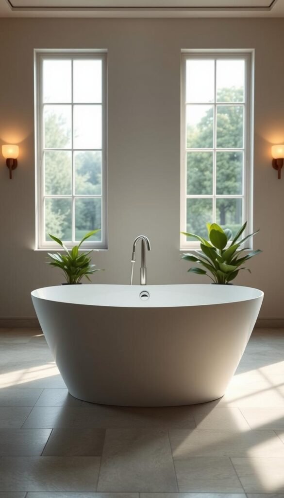 A minimalist, freestanding bathtub set against a serene, spa-like backdrop. The tub, crafted from smooth, white porcelain, stands elegantly in a spacious bathroom. Soft, indirect lighting from wall sconces casts a warm, calming glow, while large windows allow natural light to fill the room. The floor is covered in neutral, natural stone tiles, complementing the clean, uncluttered aesthetic. Lush, potted plants strategically placed add a touch of greenery, enhancing the tranquil, restorative ambiance. The composition emphasizes the simplicity and functionality of the freestanding tub, inviting the viewer to imagine a relaxing, spa-like bathing experience.