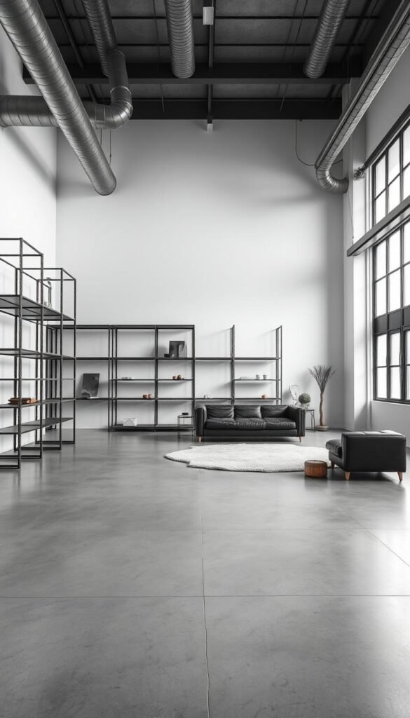 A minimalist industrial interior with clean lines and a monochromatic palette. A spacious open-concept layout with high ceilings and large windows that flood the room with natural light. Polished concrete floors, exposed ductwork, and sleek metal shelving units against a crisp white wall create a refined, utilitarian aesthetic. Subtle textural elements like a plush area rug and a leather sofa inject warmth and depth. The scene radiates a sense of calm, uncluttered sophistication that embodies the essence of timeless minimalist design.