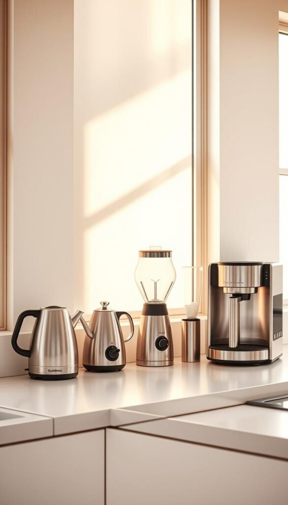 A minimalist kitchen counter, bathed in warm natural lighting from large windows. On the counter, a carefully curated arrangement of decluttered appliances - a sleek stainless steel kettle, a compact blender, and a modern coffee machine. The appliances are strategically placed, creating a harmonious and uncluttered visual aesthetic. The background is a neutral-toned wall, allowing the appliances to take center stage. The overall scene conveys a sense of zen-like simplicity and a focus on functionality without visual chaos.