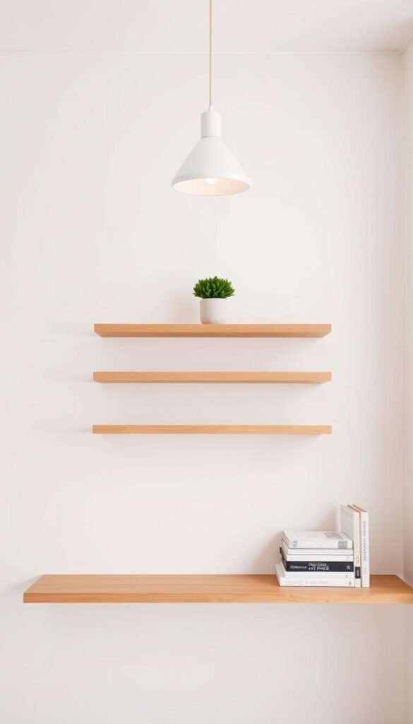 A minimalist kitchen shelf decor with a clean, airy feel. Featuring three floating wooden shelves against a bright, white wall. On the shelves, a few carefully curated items - a potted plant, a simple ceramic vase, and a stack of neatly arranged cookbooks. Soft, diffused lighting from a single pendant fixture casts a warm glow, creating a tranquil, welcoming atmosphere. The composition is balanced, with negative space allowing the decor to shine. The overall aesthetic is modern, refined, and effortlessly stylish, perfectly complementing the open, streamlined kitchen design.