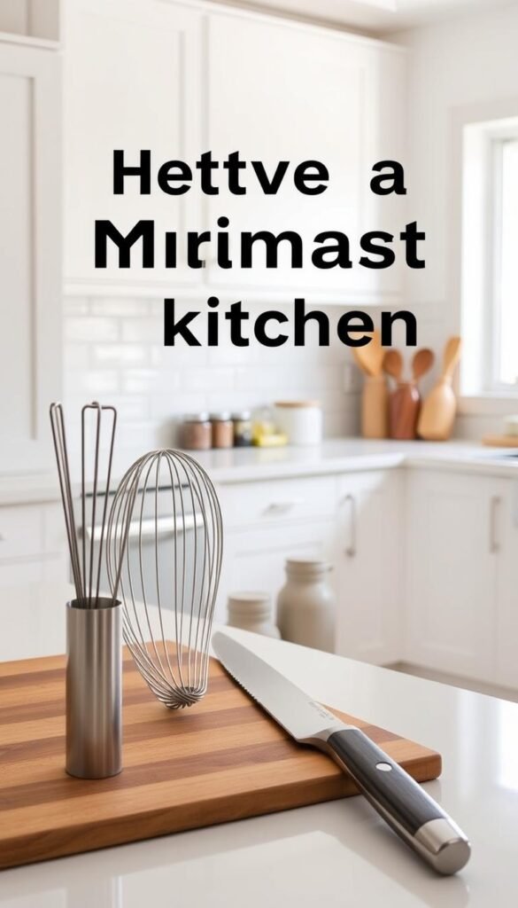 A minimalist kitchen with clean lines and natural textures. In the foreground, a few essential tools - a sleek stainless steel whisk, a sharp chef's knife, and a wooden cutting board. In the middle ground, neatly organized spice jars and a simple ceramic utensil holder. The background features a bright, airy space with white cabinetry, a neutral tile backsplash, and a large window letting in soft, natural light. The overall mood is one of calm, organized efficiency, reflecting the section's focus on achieving a minimalist kitchen without sacrificing functionality.