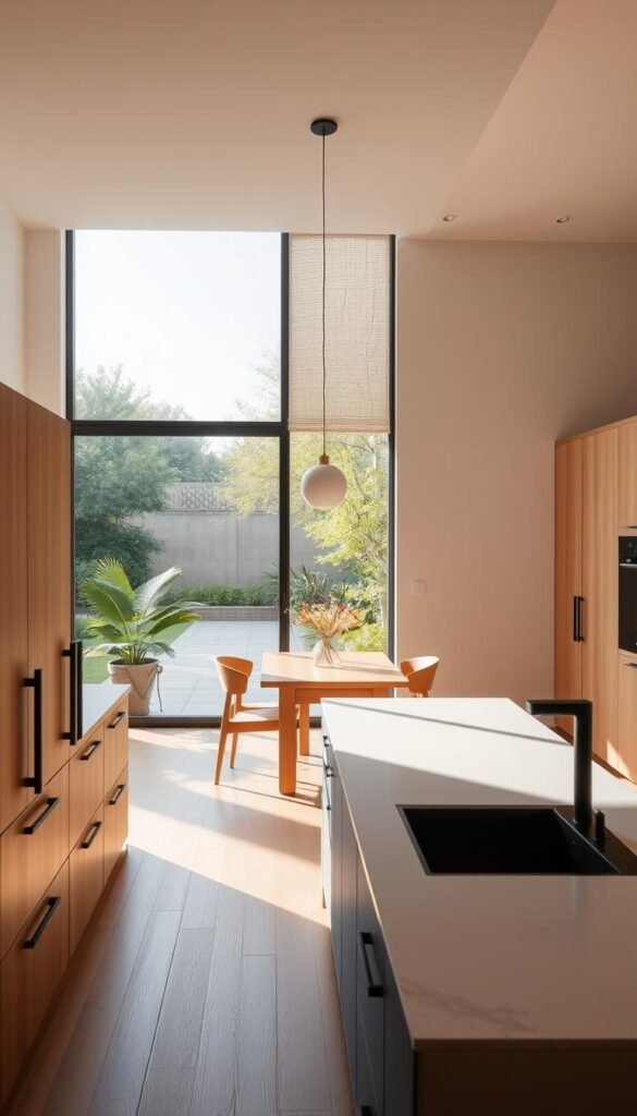 A minimalist kitchen with clean lines, natural materials, and plenty of natural light. A large window frames the scene, overlooking a peaceful outdoor garden. The kitchen countertop is a sleek slab of white marble, complemented by simple wooden cabinetry and matte black hardware. A single pendant light fixture casts a warm glow over the space, creating a sense of calm and sophistication. The dining area features a contemporary wooden table and chairs, arranged in a simple, uncluttered layout. The overall atmosphere is one of understated elegance and timeless design.