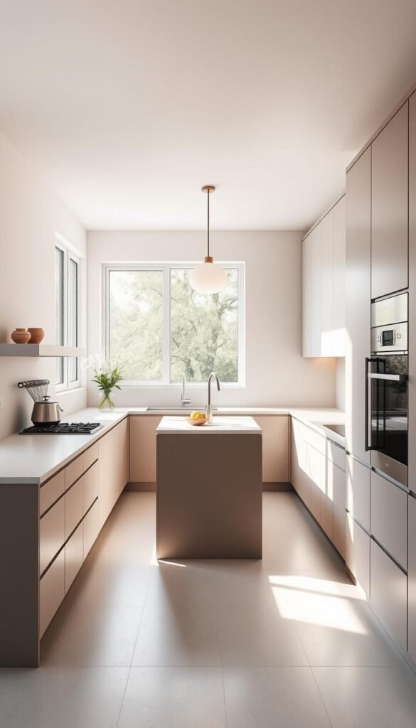 A minimalist kitchen with clean lines, neutral color palette, and functional simplicity. Sleek cabinets in muted tones, seamless countertops, and a streamlined layout that maximizes space. Ample natural lighting filters through large windows, casting a warm glow on the understated design. Stainless steel appliances blend harmoniously, while a single pendant light over a central island provides subtle illumination. The overall atmosphere exudes a sense of calm and tranquility, focused on the essentials of form and function.
