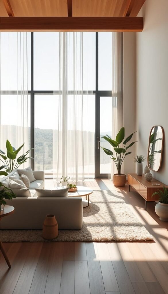A minimalist living room bathed in natural light, with large windows overlooking a serene outdoor landscape. Soft, diffused sunlight filters through sheer curtains, creating a warm, airy atmosphere. A neutral color palette of whites, grays, and natural wood tones, accented by lush indoor plants, complements the tranquil mood. The room is spacious and uncluttered, with clean lines and simple, functional furniture pieces. A plush, neutral-toned rug grounds the space, and strategically placed mirrors amplify the sense of openness and luminosity. The overall impression is one of peaceful simplicity, where the focus is on the beauty of natural light and the harmony of the natural elements.