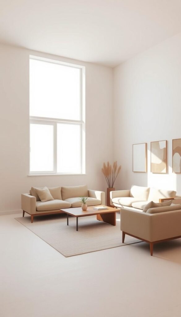 A minimalist living room with a clean, airy atmosphere. A large window floods the space with natural light, casting a soft, warm glow. Minimalist furniture, such as a low-profile sofa and a sleek, wooden coffee table, are arranged in a harmonious layout. The walls are painted in a neutral, earthy tone, complemented by a few carefully curated pieces of abstract wall art. The room exudes a sense of simplicity and serenity, inviting relaxation and contemplation. The overall impression is one of timeless elegance and refined design.