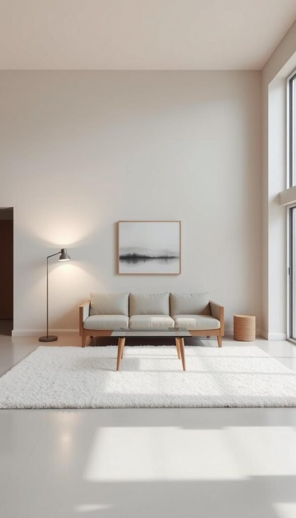 A minimalist living room with a clean, serene atmosphere. The space features a neutral color palette, with soft gray walls and a plush, off-white area rug. In the center, a low-profile, wood-frame sofa sits atop the rug, accompanied by a simple, glass-topped coffee table. Accent lighting from a sleek, modern floor lamp casts a warm, diffused glow, while a large window fills the room with natural light. The walls are adorned with a single, abstract artwork, creating a focal point without distracting from the overall simplicity. The room exudes a sense of calm and tranquility, inviting relaxation and introspection.