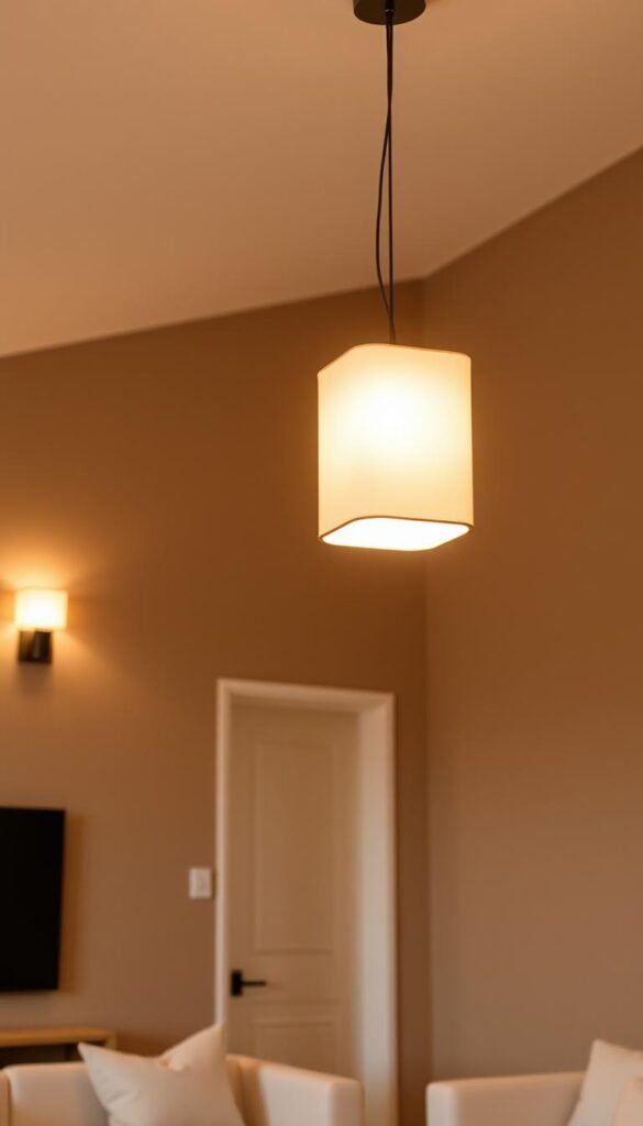 A minimalist living room with a soft, warm glow from a single pendant light suspended from the ceiling. The light's simple, geometric silhouette casts a diffuse illumination, creating a serene and calming atmosphere. The room is furnished with neutral-toned materials and clean-lined furniture, allowing the lighting to be the focal point. The walls are painted in a muted, earthy tone, adding to the tranquil ambiance. The light fixtures are angled to evenly distribute the light, ensuring a balanced and harmonious lighting design. The overall scene conveys a sense of peaceful elegance, perfectly suited for a cozy and inviting living space.
