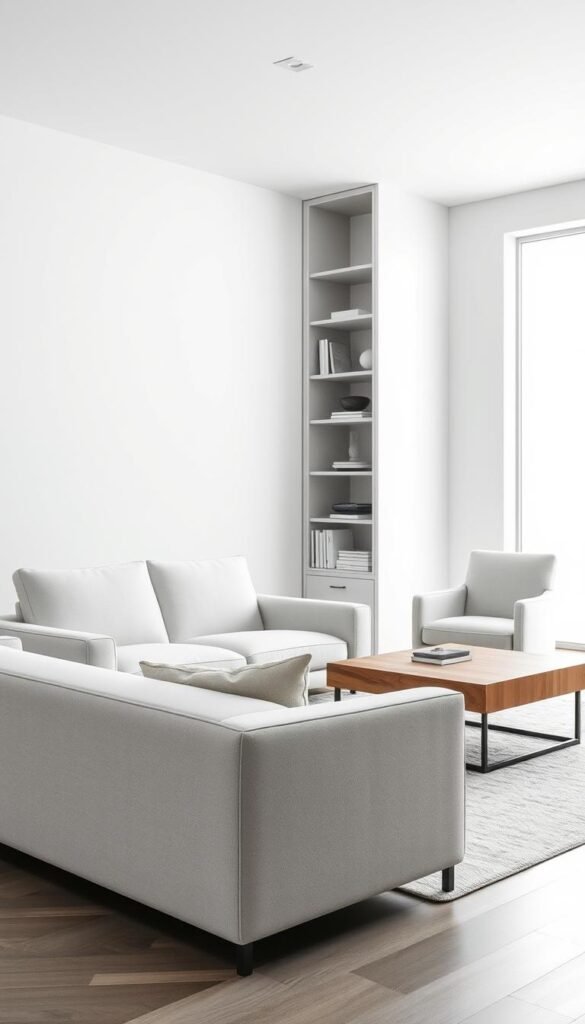 A minimalist living room with clean-lined furniture. In the foreground, a sleek, low-profile sofa with crisp edges and a simple, neutral upholstery. Beside it, a matching armchair with a tall, straight back. In the middle ground, a rectangular coffee table with a thick, solid wood top and slender metal legs. Behind, a tall, narrow bookshelf with clean vertical lines, displaying a few carefully curated books and decor. The room is bathed in soft, natural light from large windows, creating a serene, harmonious atmosphere. The overall aesthetic is one of understated elegance, functionality, and visual tranquility.