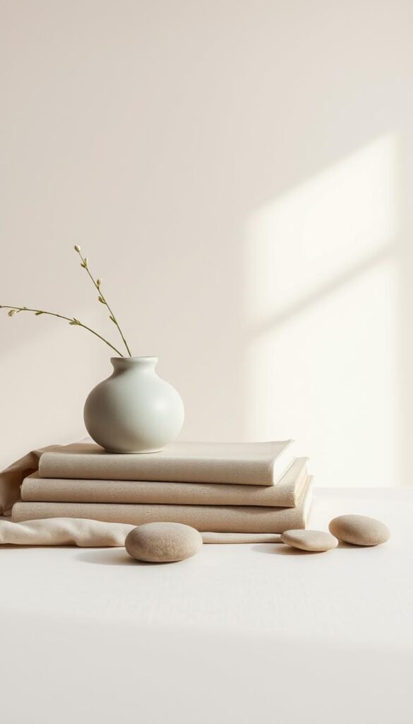 A minimalist still life capturing a neutral color palette. In the foreground, an elegant arrangement of smooth, natural materials - a ceramic vase, a stack of linen-bound books, and a few simple stones. The middle ground features a soft, diffused light, creating a serene, calming atmosphere. The background is a muted, earthy tone, allowing the textures and tones of the subject to take center stage. The entire composition exudes a sense of harmony and balance, perfectly embodying the power of a neutral palette in minimalist design.