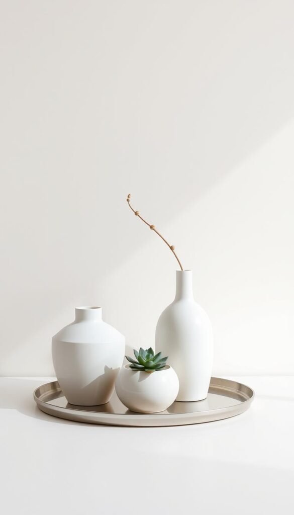 A minimalist still life showcasing refined decor accents. Soft, natural lighting illuminates a spare, geometric arrangement of elegant ceramic vases, a sleek metal tray, and a single, graceful succulent plant against a plain, off-white background. The composition emphasizes clean lines, neutral tones, and a sense of balance and harmony, capturing the essence of understated, sophisticated minimalism.