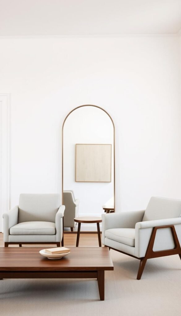 A minimalist transitional interior with clean lines and muted tones. In the foreground, a simple wooden coffee table and a pair of mid-century modern armchairs, upholstered in a neutral fabric. The middle ground features a large, unframed mirror reflecting the natural light streaming in from the window, casting a warm glow. The background showcases whitewashed walls, complemented by a single, statement-making piece of artwork. The overall atmosphere is one of understated elegance, where old and new harmoniously coexist.