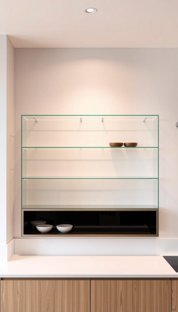 A minimalist, well-lit kitchen with clean, contemporary glass shelving units floating against a soft, neutral backdrop. The shelves are made of clear, tempered glass with a seamless, frameless design, creating an airy, open feel. Soft, diffused lighting from above casts a warm glow, accentuating the transparency of the shelves. The shelves are sparsely decorated with a few carefully curated items, allowing the material and design to take center stage. The overall scene conveys a sense of simplicity, elegance, and a focus on the inherent beauty of the shelving itself.