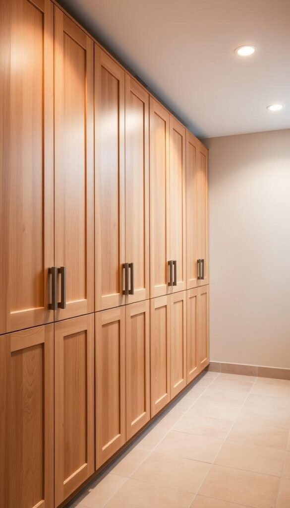A minimalist, well-organized bathroom with custom-built wooden cabinets along the wall. The cabinets have a sleek, modern design with clean lines and a natural wood grain finish. The cabinet doors are adorned with simple, minimalist hardware that complements the overall aesthetic. The lighting is soft and even, creating a warm, inviting atmosphere. The cabinets are arranged in a symmetrical, visually appealing layout, providing ample storage space for toiletries, linens, and other bathroom essentials. The background features a neutral-toned tile floor and a subtle, calming wall color, allowing the custom cabinets to be the focal point of the scene.