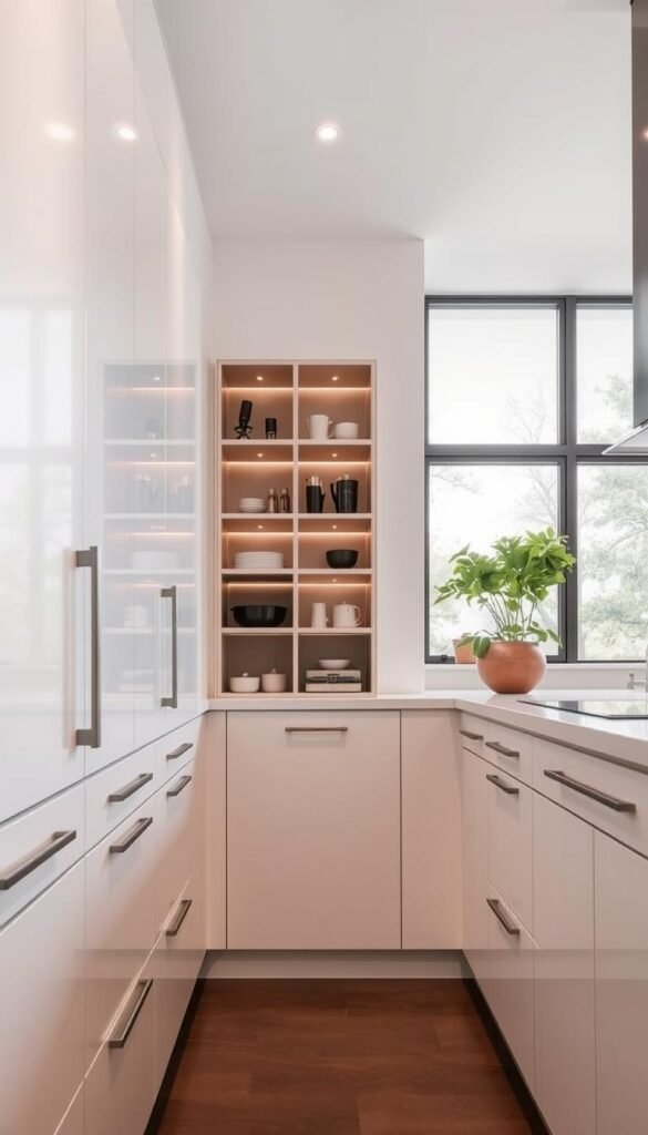A minimalist, well-organized kitchen with sleek, built-in storage solutions. The foreground features a series of seamlessly integrated cabinets and drawers, their handles hidden for a clean, streamlined look. In the middle ground, a stylish, open-shelving unit displays a curated collection of kitchen essentials. Indirect lighting casts a warm, inviting glow, while large windows in the background allow natural light to flood the space. The overall atmosphere is one of efficiency, simplicity, and a harmonious blend of form and function.