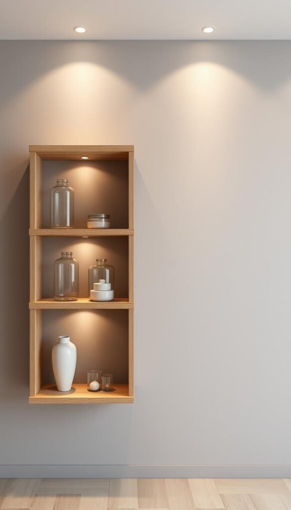 A minimalist, well-organized storage design with clean lines and a soothing, natural palette. A wall-mounted wooden shelving unit with recessed lighting casting a soft glow, displaying simple glass jars, ceramic vases, and a few carefully curated decorative objects. The shelves are set against a smooth, muted gray backdrop, creating a harmonious, calming ambiance. The overall composition emphasizes the beauty of functional minimalism, blending seamlessly into the surrounding architecture. Captured in a soft, diffused lighting with a wide, expansive angle to showcase the elegant simplicity of the design.