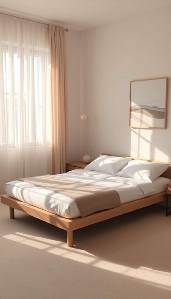 A minimalist yet cozy bedroom, bathed in soft, natural light filtering through sheer curtains. The bed, a simple platform frame, is adorned with crisp white linens and a single neutral-toned throw. Beside it, a sleek wood nightstand holds a minimalist table lamp, casting a warm glow. The walls are painted in a soothing, muted tone, complemented by a single piece of abstract art. The room is uncluttered, with clean lines and a sense of tranquility, creating a restful haven for the senses.
