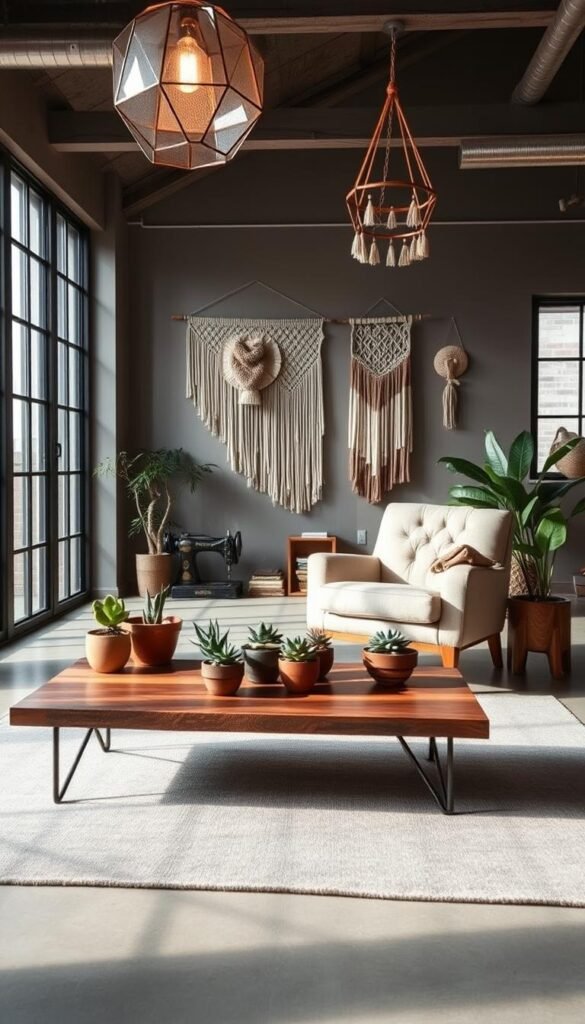 A modern, airy loft interior with a focal point of advanced upcycled furniture pieces. In the foreground, a sleek midcentury-inspired coffee table crafted from repurposed wood and metal, its surface adorned with potted succulents. In the middle ground, a statement armchair made from a vintage sewing machine base and plush, reclaimed fabric. Hanging above, intricate macrame wall hangings and a geometric light fixture fashioned from discarded materials. The background features large windows flooding the space with natural light, giving the room a warm, inviting atmosphere. Subtle textures and earthy tones throughout, creating a harmonious, elevated upcycled aesthetic.
