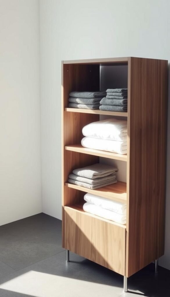 A modern and minimalist IVAR side unit with clean lines and a sleek, wood-tone finish stands against a bright, airy backdrop. The unit's shelves are neatly arranged with carefully folded towels in complementary shades of gray and white, creating a harmonious and organized display. Soft, diffused lighting from above casts a warm glow, highlighting the textures and tones of the materials. The overall scene conveys a sense of functional simplicity and effortless style, perfectly suited for small-space living.