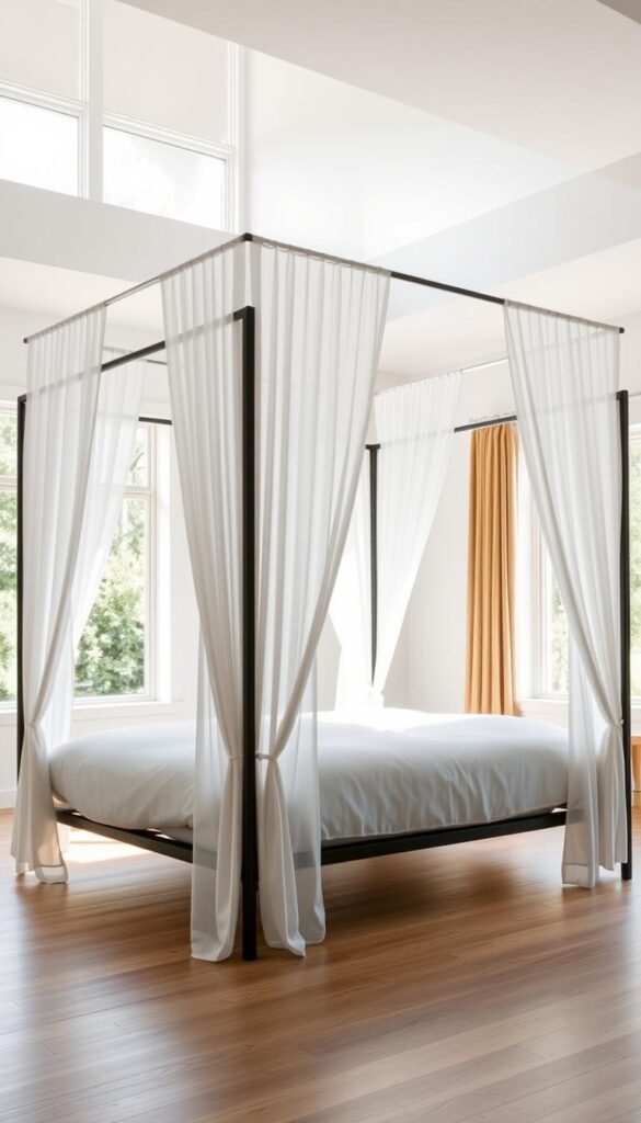 A modern canopy bed stands in a bright, airy bedroom, its sleek metal frame and minimalist white curtains creating a calming, contemporary atmosphere. Soft natural light filters in through large windows, casting a warm glow on the plush bedding and wood floors. The canopy's clean lines and lack of traditional bedposts give the space an open, uncluttered feel, perfect for a serene, relaxing retreat. The overall design exudes a sense of simplicity and sophistication, showcasing how a canopy bed can elevate the style of a bedroom without the need for traditional bedposts.
