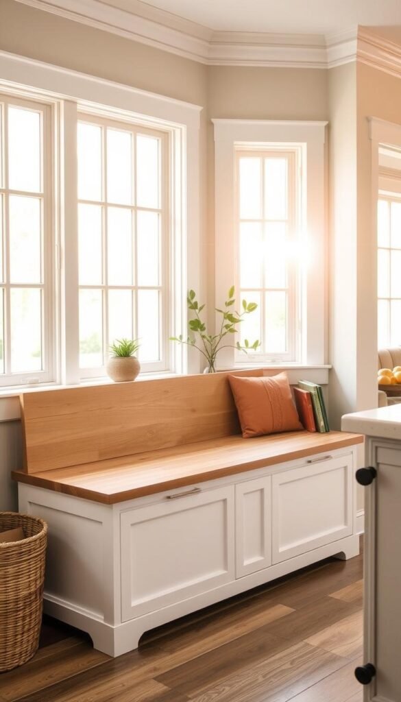 A modern farmhouse-style hidden storage bench situated in a cozy kitchen nook, bathed in warm, diffused natural light streaming through large windows. The bench features clean, minimalist lines with a smooth, solid wood top and a deep, concealed compartment beneath. Soft neutral tones and natural textures, such as woven baskets and potted plants, create a inviting, clutter-free atmosphere. The scene evokes a sense of tranquility and functionality, perfectly capturing the essence of a well-designed, practical storage solution within a charming farmhouse-inspired kitchen space.