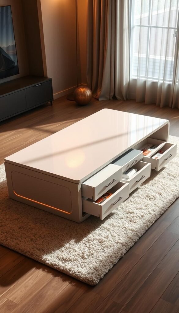 A modern, hard-surface coffee table with ample storage compartments, elegantly designed with a sleek, rectangular silhouette. The tabletop is made of a smooth, high-gloss material, reflecting the warm, ambient lighting above. Subtle, geometric patterns adorn the sides, adding visual interest. The table features several pull-out drawers and compartments, providing convenient storage space for toys, magazines, and other living room essentials. The entire piece is situated on a plush, neutral-toned rug, creating a cozy and inviting atmosphere. Warm, directional lighting casts gentle shadows, highlighting the table's sculptural form and lending a sense of depth to the composition.