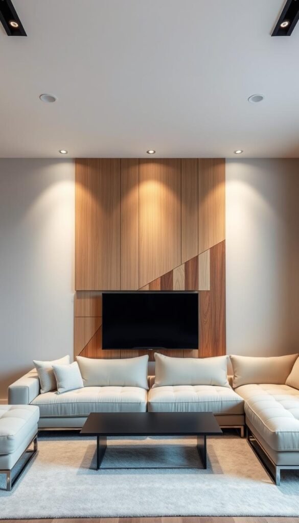 A modern living room with a focal point wall, bathed in soft, diffused lighting. The wall features a minimalist, abstract design with clean lines and geometric shapes, creating a visually striking and harmonious focal point. The arrangement of the shapes draws the eye inward, guiding the viewer's gaze and creating a sense of depth and balance. The materials used, such as wood, stone, or metal, add a tactile and textural element, complementing the room's overall aesthetic. The lighting, positioned to accentuate the focal wall, casts gentle shadows and highlights the unique design, creating a warm and inviting atmosphere.