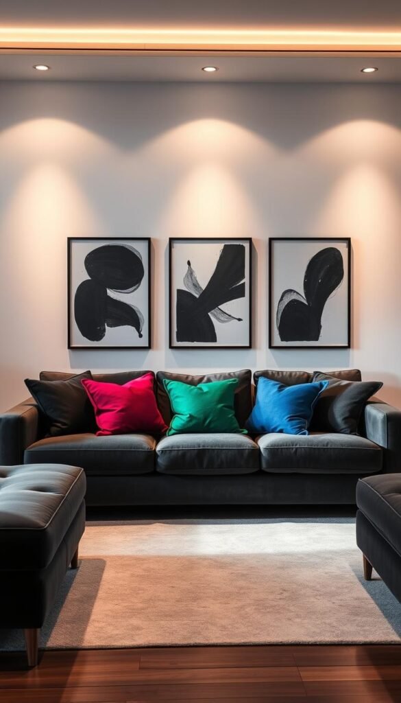 A modern living room with a sleek, monochrome palette. Centered on a plush, charcoal gray sofa, accented by strategically placed pops of vibrant color - a trio of throw pillows in saturated hues of ruby, emerald, and sapphire. Warm, directional lighting casts a soft glow, highlighting the interplay of shadow and light. Framed abstract artworks in black and white adorn the walls, creating visual interest. The overall atmosphere is one of refined sophistication, where the careful introduction of color elevates the classic monochromatic scheme.