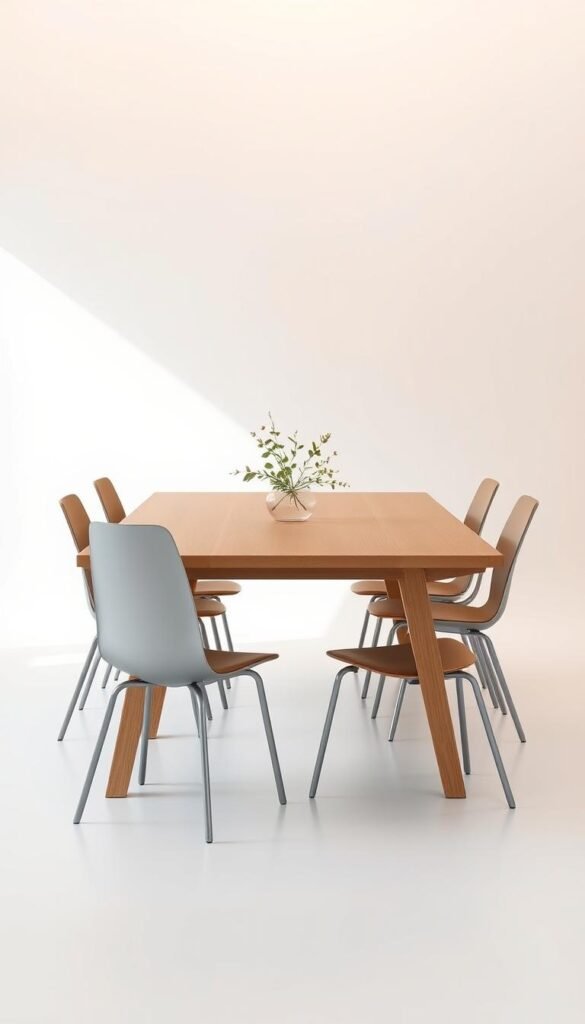 A modern, minimalist dining table set against a bright, airy backdrop. The table features a clean, rectangular silhouette with a smooth, natural-finish wood top. Minimalist, metallic dining chairs surround the table, their sleek lines and neutral tones complementing the overall aesthetic. Soft, diffused lighting from overhead casts a warm glow, creating a serene and inviting atmosphere. The scene is staged with a simple, botanical centerpiece, adding a touch of organic elegance. The entire composition emphasizes simplicity, functionality, and an uncluttered, calming ambiance.