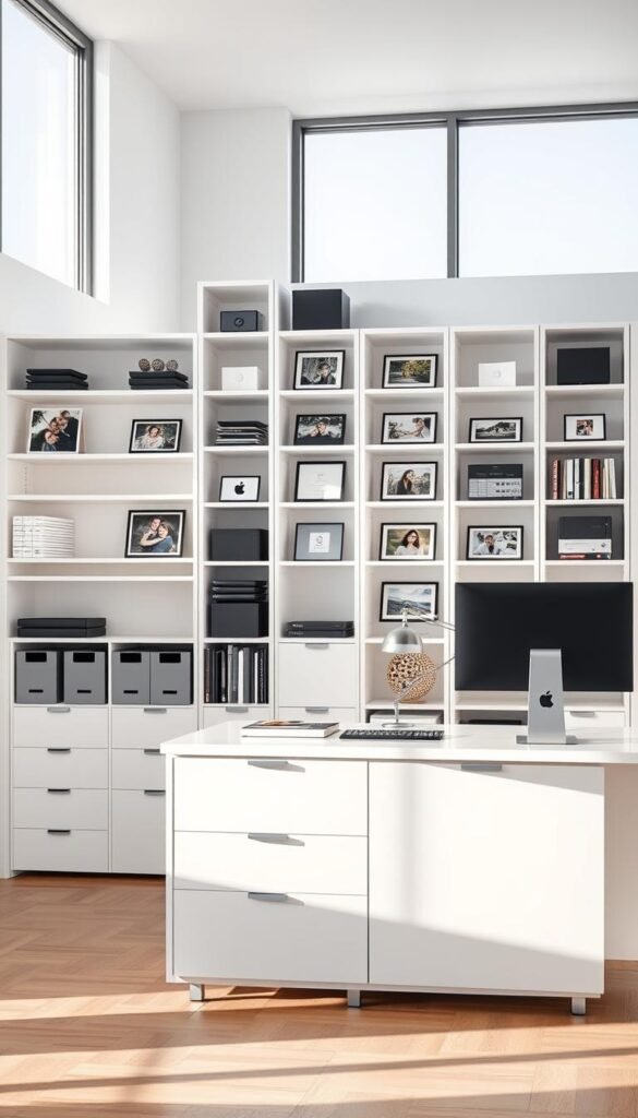 A modern, minimalist home office with clean lines and ample digital photo storage solutions. In the foreground, a sleek, white filing cabinet with built-in digital photo organizers and cloud integration. On the desk, a high-resolution monitor displaying a digital photo library. The middle ground features a combination of streamlined shelving units and wall-mounted storage modules, housing a variety of digital photo frames and backup drives. The background showcases large windows, allowing natural light to flood the space and create a bright, airy atmosphere. The overall scene conveys a sense of organization, efficiency, and a minimalist aesthetic.