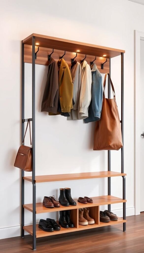 A modern, multifunctional coat rack with integrated shoe storage shelves. The sleek, wood-and-metal design features a row of sturdy hooks for coats, jackets, and bags, complemented by a series of open cubbies below for neatly storing shoes, boots, and other entryway essentials. Warm, directional lighting from above casts a soft glow, highlighting the natural wood grain and clean lines. The rack is positioned against a minimalist, white wall, creating a welcoming and organized entryway scene.