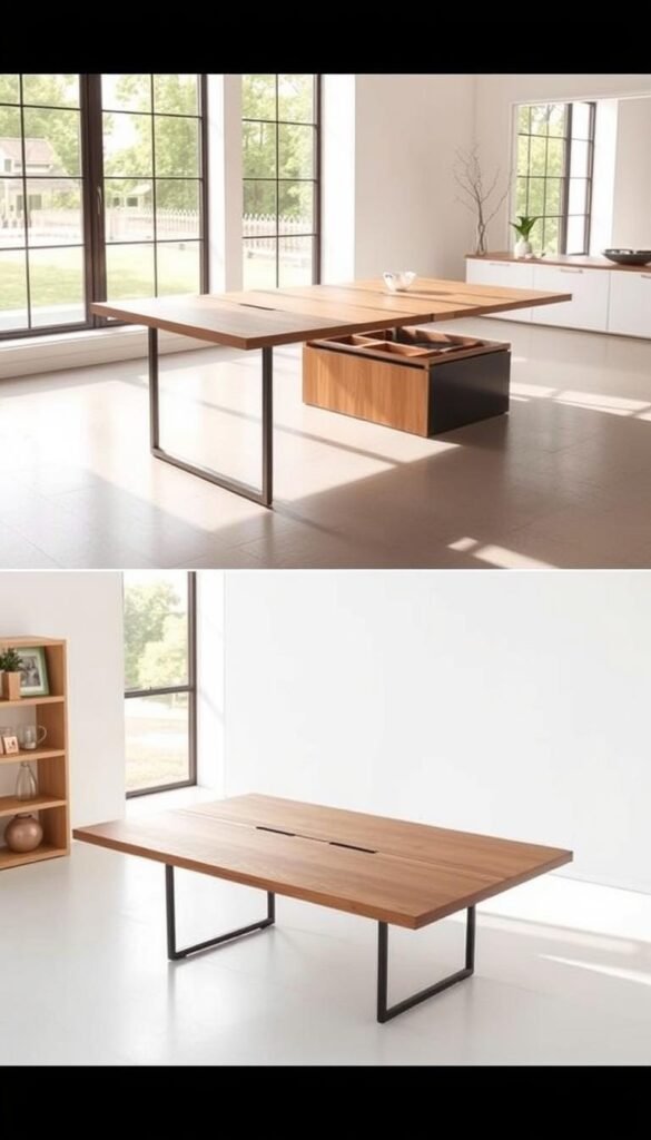 A modern, sleek expandable dining table design with a wooden top and a minimalist metal frame. The table is positioned in a bright, airy space with natural light streaming in through large windows, creating a warm and inviting atmosphere. The table can extend to accommodate more guests, seamlessly transitioning from an intimate setting to a larger gathering space. The design showcases clever storage solutions, such as hidden compartments or extendable leaves, to maximize the table's versatility and optimize space utilization. The scene is captured from a slightly elevated angle, highlighting the clean lines and modern aesthetics of the piece.