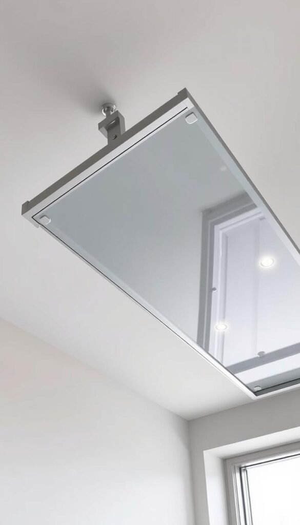 A modern track rail canopy design with clean lines and minimalist aesthetic. A sleek, silver metal frame supports a translucent, tinted glass canopy that filters natural light, casting a warm, diffused glow throughout the space. The canopy extends gracefully from the wall, creating a sense of airiness and openness. Subtle lighting fixtures are integrated into the frame, providing a soft, ambient illumination. The overall design exudes a sophisticated, contemporary vibe that would complement a minimalist, urban bedroom.