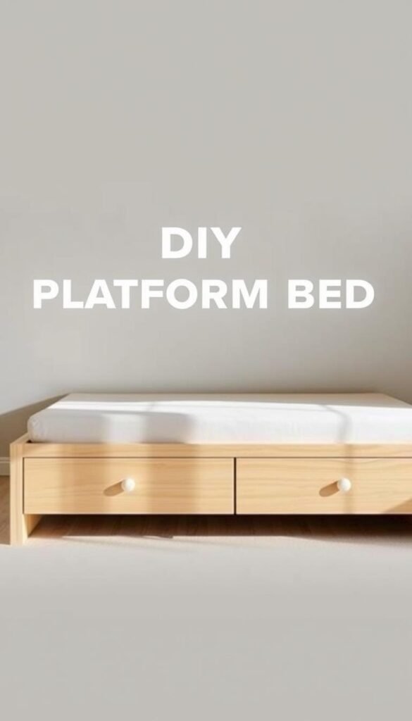 A modern, well-lit platform bed with built-in storage cabinets, shot from a slightly elevated angle to showcase the clean, minimalist design. The bed frame is made of light-colored wood, with two spacious cabinets seamlessly integrated into the base, providing ample storage space. Soft, diffused lighting illuminates the scene, creating a cozy and inviting atmosphere. The background is a neutral, muted color, allowing the bed and its storage features to take center stage. The overall composition emphasizes the functional and space-saving nature of this DIY platform bed solution, perfectly suited for a small apartment or bedroom.