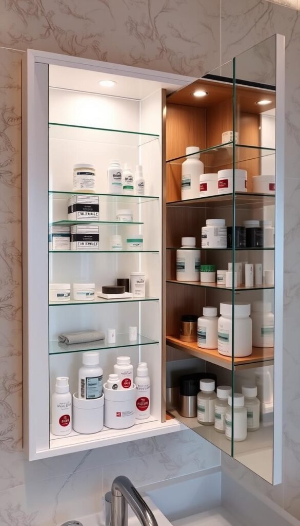A modern, well-organized medicine cabinet with a sleek, minimalist design. The cabinet features multiple shelves and compartments made of high-quality materials like glass, wood, and brushed metal. Soft, even lighting illuminates the interior, highlighting the neatly arranged items - prescription medications, toiletries, and first-aid supplies. The cabinet is recessed into the wall, creating a clean, integrated look. The mirror on the cabinet door reflects the bathroom's elegant tile work and fixtures, contributing to an overall sense of sophistication and functionality.