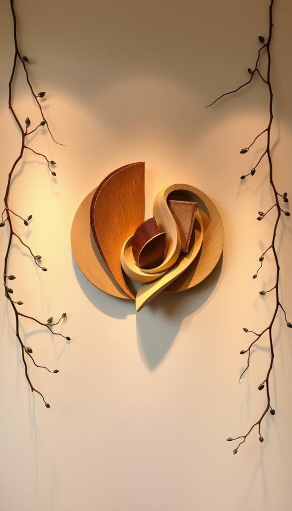 A natural geometry wall decor featuring organic curves and clean lines, illuminated by warm, soft lighting that casts gentle shadows. The centerpiece is a sculptural arrangement of earthy tones and textures, perhaps carved wood or carved stone, arranged in a harmonious, abstract composition. Surrounding this are delicate, leafy vines or branches that frame the scene, creating a sense of balance and connection to the natural world. The overall mood is one of tranquility and understated elegance, inviting the viewer to appreciate the beauty in simple, geometric forms inspired by nature.
