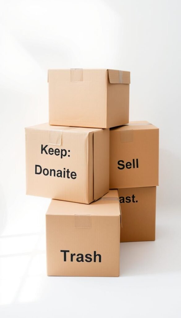 A neatly arranged set of four cardboard boxes in a minimalist, modern style. The boxes are positioned on a plain white surface, with soft natural lighting illuminating them from above. The boxes are color-coded, each representing a different stage of the decluttering process: "Keep", "Donate", "Sell", and "Trash". The composition is centered, creating a sense of balance and simplicity. The overall mood is clean, organized, and serene, reflecting the efficiency and purpose of the 4-box decluttering system.