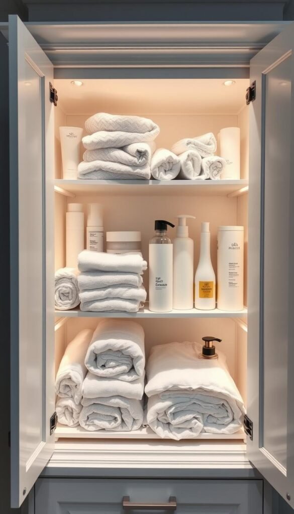 A neatly organized bathroom cabinet, its shelves filled with meticulously arranged personal care items. The interior is well-lit, with soft, diffused lighting illuminating the space. The cabinet's doors are open, revealing a sense of order and cleanliness. Towels and other linens are folded precisely, and toiletries are grouped by category, each item in its designated spot. The overall atmosphere conveys a sense of tranquility and control, reflecting the importance of maintaining a clutter-free and visually appealing bathroom environment.