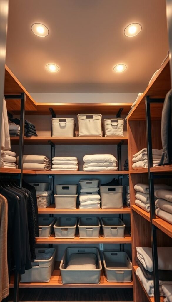 A neatly organized closet with a custom-built shelving system that maximizes vertical space. The shelves are made of sturdy wooden planks, supported by sleek metal brackets. An array of fabric-lined storage baskets in various sizes occupy the shelves, providing ample space for folded clothes, linens, and accessories. The closet is bathed in warm, diffused lighting from recessed ceiling fixtures, creating a cozy and inviting atmosphere. The camera angle captures the entire system from a low perspective, showcasing the efficient and aesthetically pleasing design. The overall scene conveys a sense of order, functionality, and a well-curated living space.