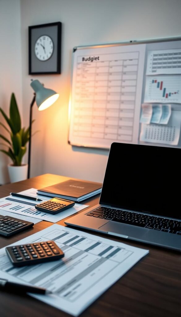 A neatly organized desk with a laptop, calculator, and various budgeting documents. In the background, a whiteboard displays financial charts and graphs, while a calendar on the wall highlights important project deadlines. Soft, warm lighting casts a thoughtful ambiance, and the scene is framed by a minimalist, contemporary home office decor. The overall composition conveys a sense of careful planning, attention to detail, and a methodical approach to budgeting for a home design project.