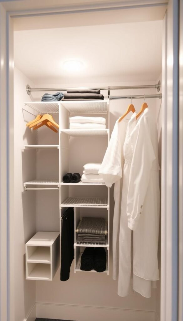 A neatly organized hanging closet organizer, showcasing its modular shelves, rods, and compartments. The unit is made of durable, high-quality materials with a sleek, minimalist design that blends seamlessly into the closet space. Soft, diffused lighting from above casts a warm glow, highlighting the organizer's efficient storage solutions. The scene is captured from a slightly elevated angle, emphasizing the organizer's functionality and space-saving capabilities. The background is a clean, uncluttered closet interior, allowing the organizer to be the focal point. An inviting, organized atmosphere that inspires tidy, efficient closet storage.
