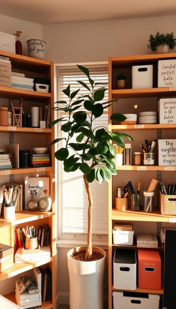 A neatly organized home office with creatively labeled shelves. In the foreground, various office supplies and accessories artfully arranged on wooden shelves, each item tagged with handwritten labels in different fonts and styles - from minimalist script to playful typography. In the middle ground, a large potted plant casts soft shadows, adding a touch of nature. The background features a warm, cozy atmosphere with natural light filtering in through a large window, illuminating the space. The overall mood is one of productivity, inspiration, and a touch of whimsy.