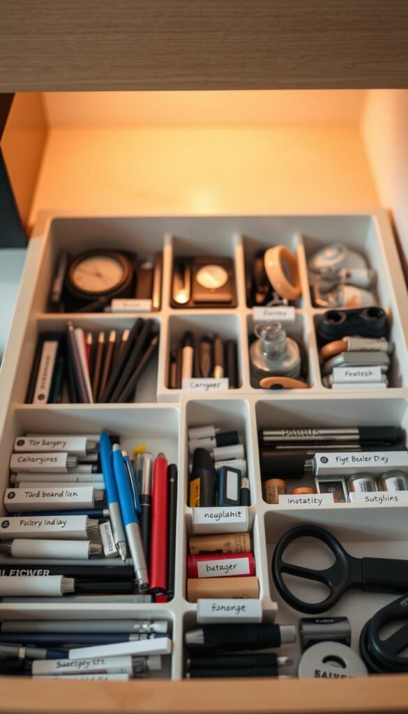 A neatly organized junk drawer with an assortment of everyday items meticulously arranged. The foreground features a variety of labeled compartments and dividers, each containing a specific type of object - pens, batteries, scissors, and other miscellaneous supplies. The middle ground showcases a clean, minimalist aesthetic, with the drawer's interior in a soothing neutral tone that emphasizes the order and structure. In the background, a warm, diffused lighting creates a cozy, inviting atmosphere, subtly highlighting the carefully curated contents. The overall composition conveys a sense of control, productivity, and a minimalist approach to organization.