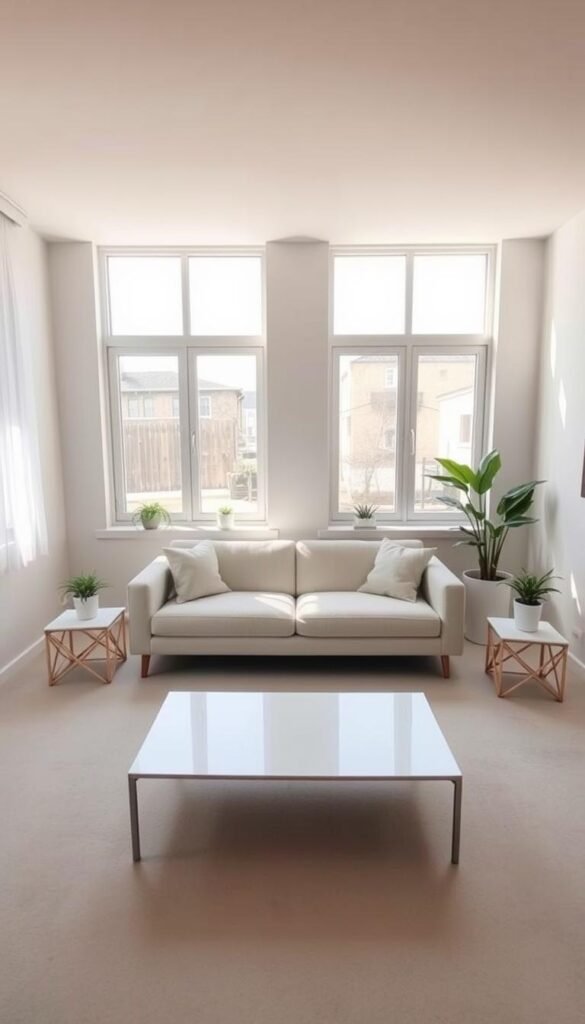 A neatly organized living room with minimalist decor. Sunlight filters through large windows, casting a warm glow on the clean, uncluttered surfaces. A sleek, modern sofa takes center stage, flanked by simple, geometric end tables. Potted plants and a few carefully curated accessories add touches of nature and subtle elegance. The floor is clear of any unnecessary items, promoting a sense of tranquility and focus. The space exudes a harmonious, calming atmosphere, reflecting a well-maintained, decluttered home.