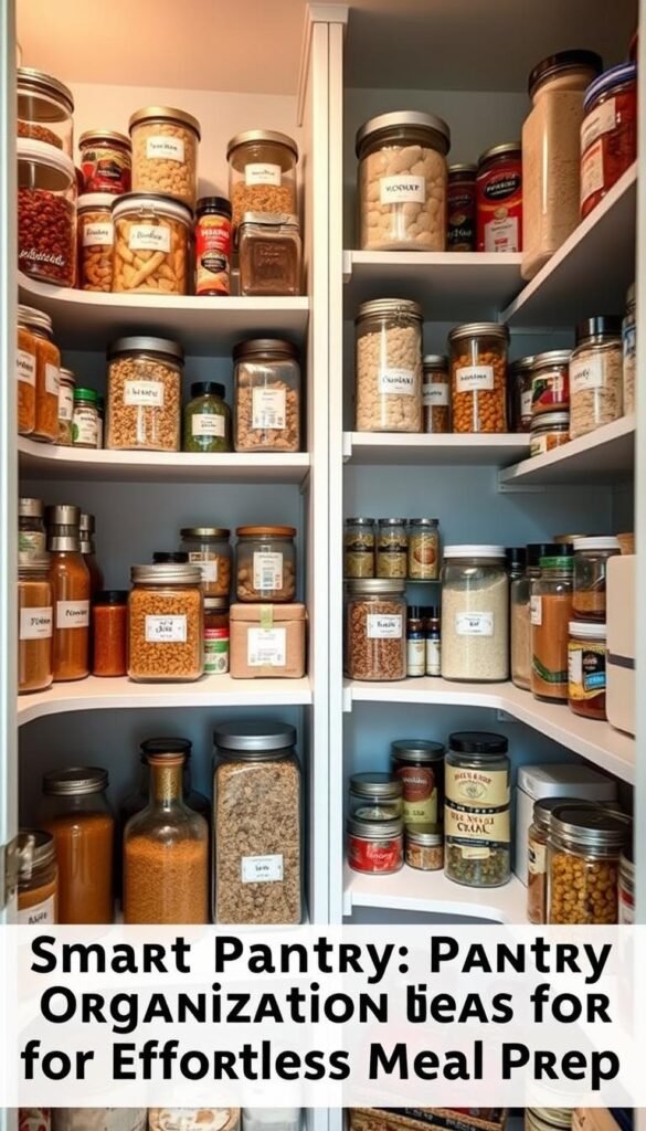 A neatly organized pantry with clear glass jars and containers, displaying a variety of labeled dry goods, spices, and canned items. The shelves are arranged in a visually appealing manner, with items grouped by category and easily accessible. Soft, diffused lighting illuminates the space, creating a warm and inviting atmosphere. The camera angle captures a side view, showcasing the depth and efficiency of the pantry's layout. The overall impression is one of order, functionality, and a sense of culinary preparedness, reflecting the "Smart Pantry Organization Ideas for Effortless Meal Prep" theme.