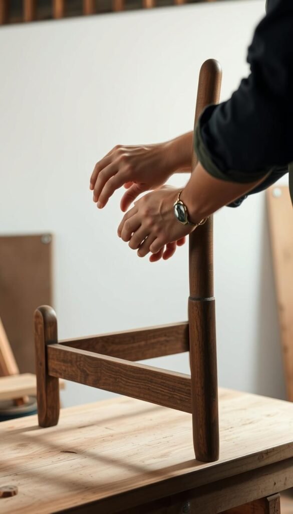 A person closely inspecting the wooden frame of an old, secondhand chair in a well-lit studio setting. The chair is placed on a wooden workbench, allowing the inspector to thoroughly examine its structure and joints for signs of wear or damage. Soft, natural lighting illuminates the details, casting subtle shadows that reveal the chair's contours. The inspector's hands carefully run along the frame, assessing its condition and considering how it could be upcycled or repurposed. The overall mood is one of thoughtful analysis, with a focus on the chair's potential for transformation.