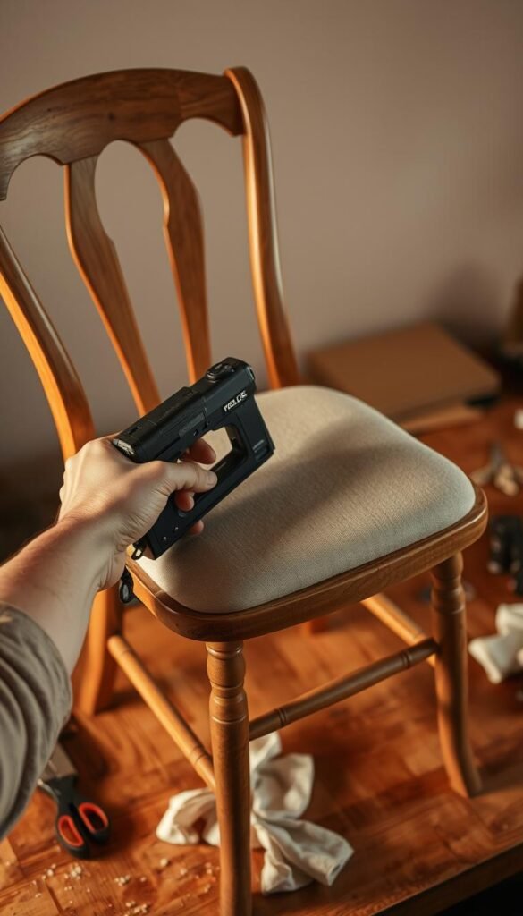 A person holding a staple gun, carefully reupholstering the seat of a vintage-style wooden chair. The chair is placed on a wooden work surface, with tools and fabric scraps nearby. Warm, directional lighting illuminates the scene, casting subtle shadows that highlight the textures of the materials. The person's hands are focused on the task, their expression one of diligent concentration. The overall mood is one of a skilled craftsperson engaged in a satisfying process of upcycling and restoration.