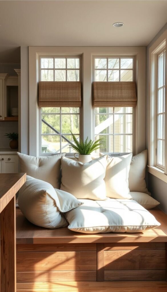 A plush, custom-designed cushion set for a cozy farmhouse kitchen nook. Thick, overstuffed cushions in a soft, neutral linen-like fabric with subtle tufting details, resting atop a wooden bench with a rustic, weathered finish. The cushions are arranged in an inviting, L-shaped configuration, creating a comfortable seating area perfect for family meals and casual conversation. Warm, natural lighting filters in through large windows, casting a gentle glow on the scene. The overall atmosphere is one of relaxed farmhouse elegance, perfectly complementing the modern yet timeless kitchen design.