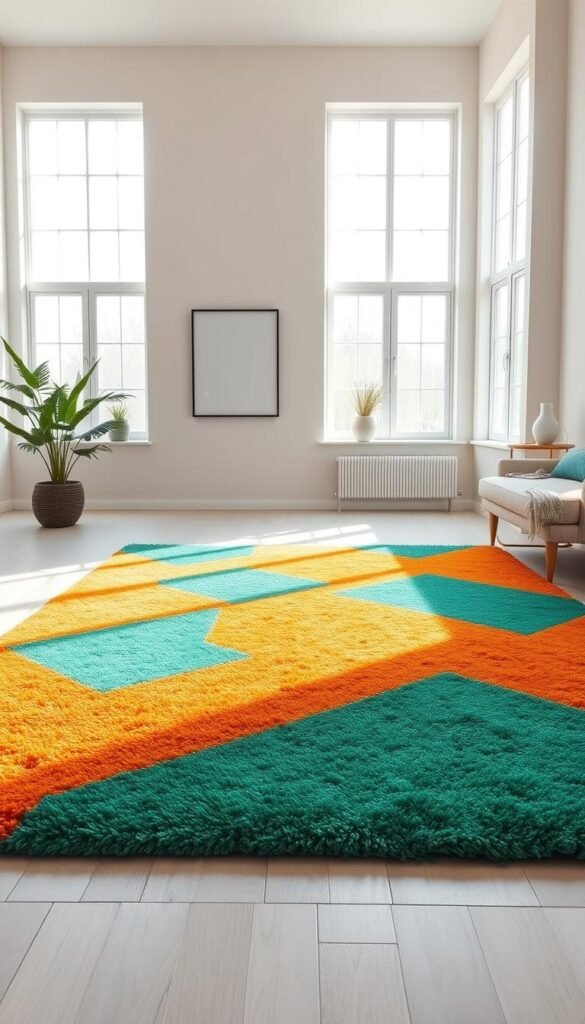 A plush, vibrant area rug occupies the center of a serene, minimalist living space. The rug's bold, geometric pattern in jewel-toned hues of azure, emerald, and amber creates a striking focal point, grounding the room in a warm, earthy palette. Soft, diffused lighting filters in from large windows, casting a gentle glow and highlighting the rug's lush, high-pile texture. The neutral-toned walls and furnishings provide a calming backdrop, allowing the rug's vivid colors to shine. A sense of balance and harmony permeates the scene, inviting the viewer to sink into the comfort of this inviting and visually captivating space.