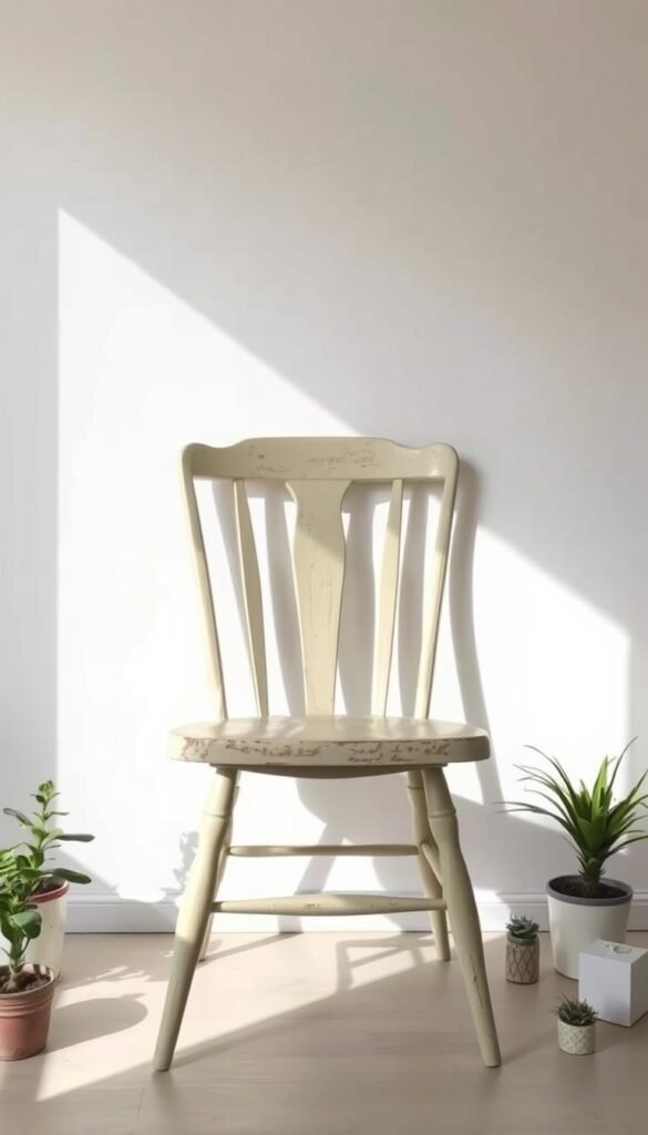 A pristine wooden chair, its surface transformed by a smooth, matte chalky finish in a soft pastel hue. Meticulously distressed edges and a slightly weathered appearance create a charming, vintage-inspired look. Gentle natural lighting filters through a large window, casting a warm, inviting glow on the piece. The chair is positioned against a plain white wall, allowing the refinished furniture to take center stage. Surrounding the chair are small potted plants and simple decor elements, creating a serene, inviting vignette that showcases the stunning results of a chalk paint furniture makeover.